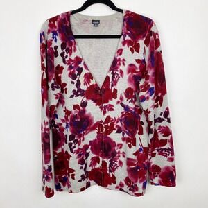 Rafaella Floral Watercolor Button Front Cotton Cardigan Womens XL Gray Red